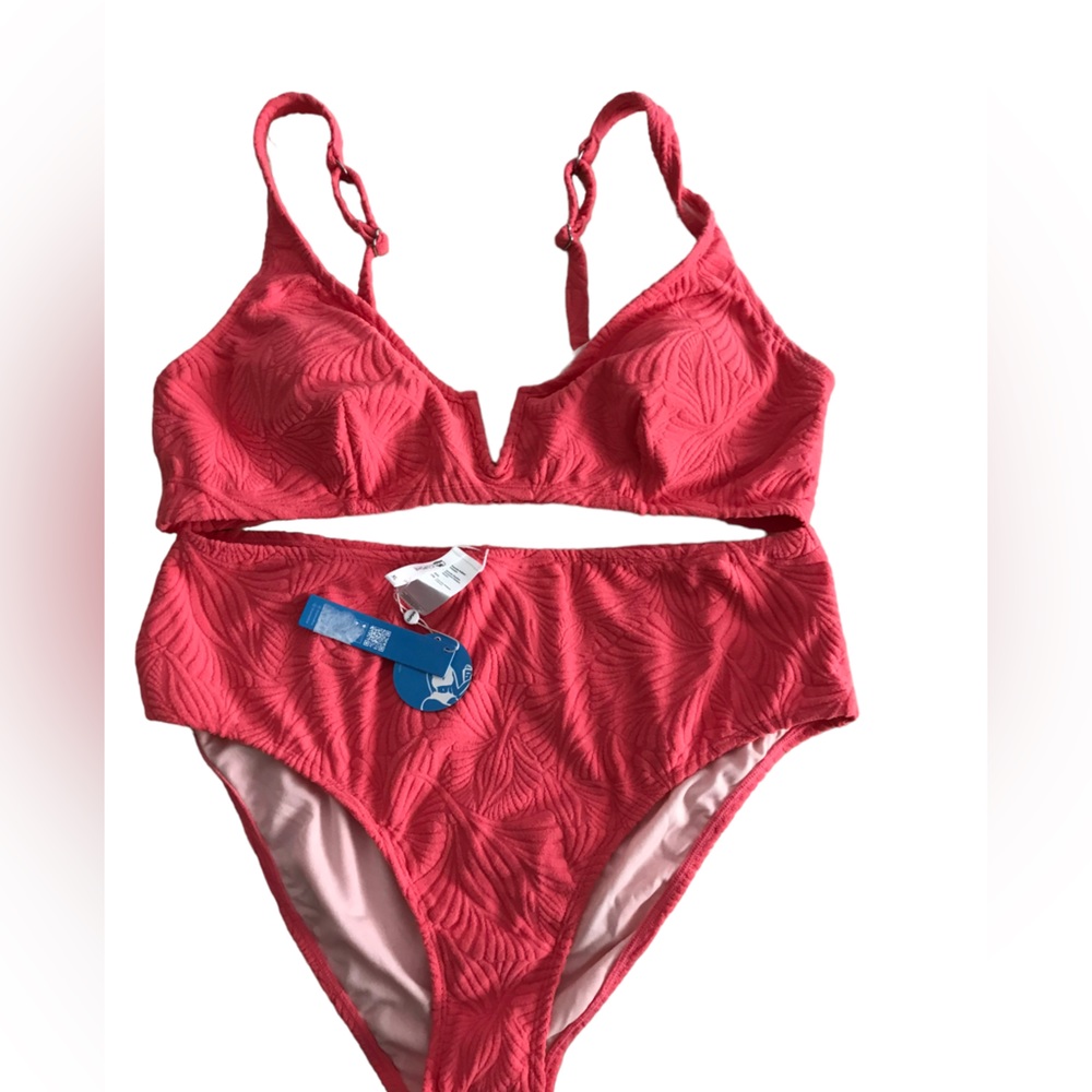 NEW ribbed coral pink two pieces swimsuit wired top regular bikini Sz XL